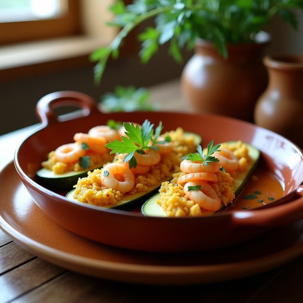 Plato de calabacines rellenos de merluza y gambas con salsa de azafrán en olla lenta, servidos en fuente de barro con hierbas frescas.