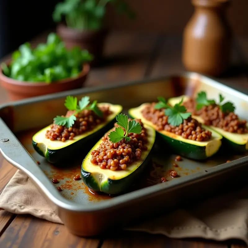 Calabacines cortados por la mitad rellenos de un picadillo vegano de lentejas pardinas y arroz salvaje, con un toque de cilantro fresco por encima. Plato servido en bandeja de horno con fondo rústico, ideal para tupper.