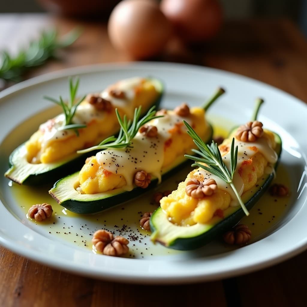 Calabacines rellenos de polenta cremosa y gorgonzola gratinado, con nueces picadas y romero fresco, servidos en una bandeja de cerámica blanca sobre fondo rústico de madera. Receta italiana keto en horno.