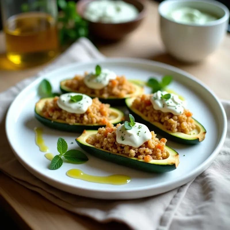 Plato blanco con calabacines rellenos de quinoa y pasas dorados en airfryer, acompañados de salsa cremosa de yogur y menta fresca, receta mediterránea saludable.