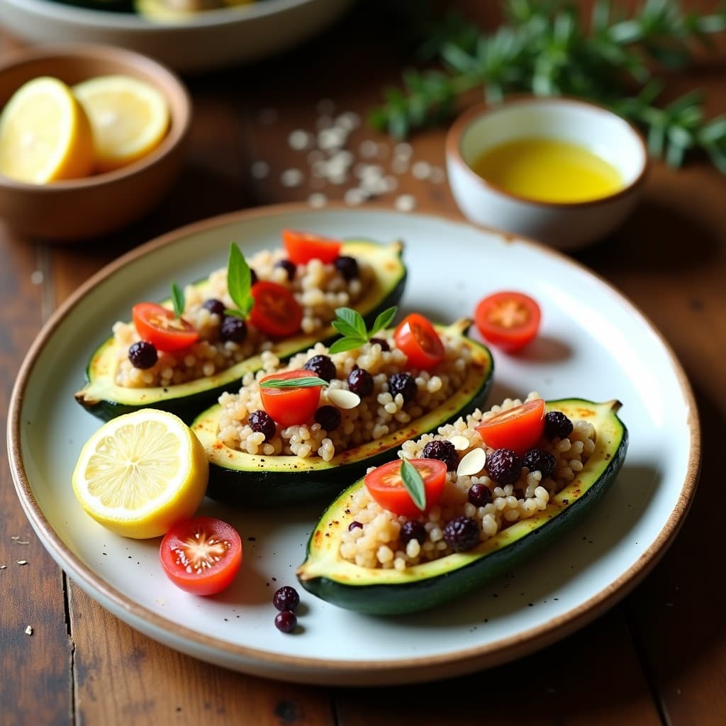 Plato de calabacines rellenos de quinoa y berry berza con toque de limón, receta griega vegana, horneados en bandeja con papel aluminio, decorados con almendras fileteadas y rodajas de limón.