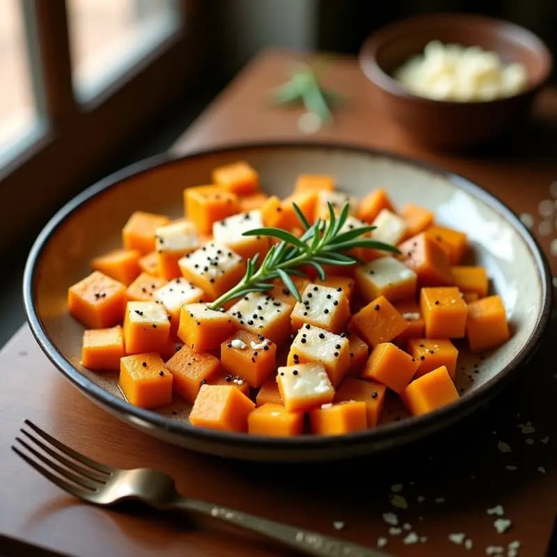 Bandeja de horno con cubos dorados de calabaza asada, cubiertos de queso parmesano ahumado gratinado y hojas de romero fresco, receta fácil y reconfortante.