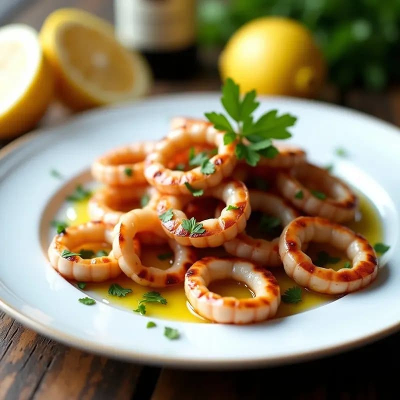 Plato blanco con calamares a la plancha dorados, anillos y aletas, espolvoreados con perejil fresco y gajos de limón al lado. Receta ligera y rápida de la costa española.