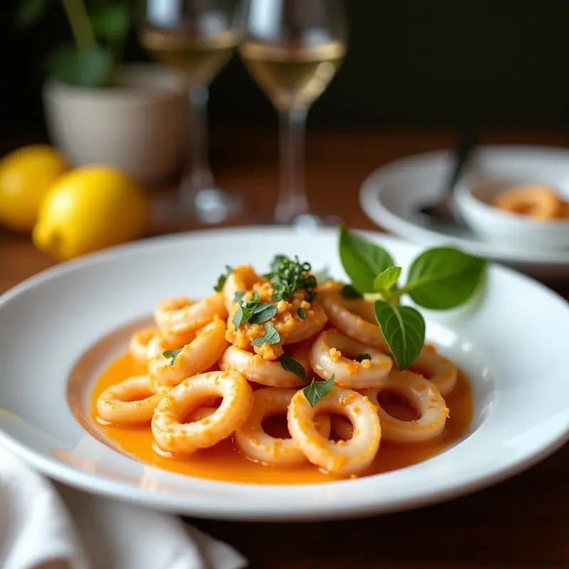 Plato blanco con calamares a la romana dorados y crujientes, acompañados de un cuenco con alioli de limón cremoso y gajos de limón fresco. Entrante clásico de la cocina costera española.