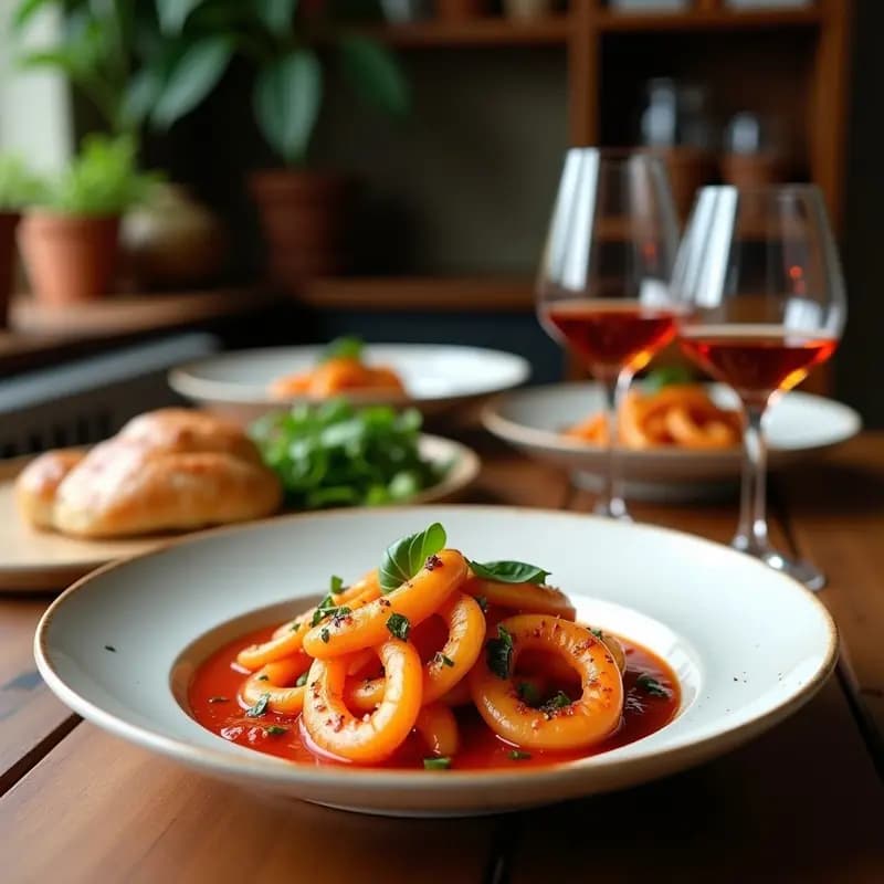 Plato blanco rústico con calamares a la romana dorados y crujientes, acompañados de un bol pequeño con salsa brava espesa de color rojo intenso. Decorado con perejil fresco y gajos de limón al fondo. Receta tradicional de calamares a la romana con salsa brava.