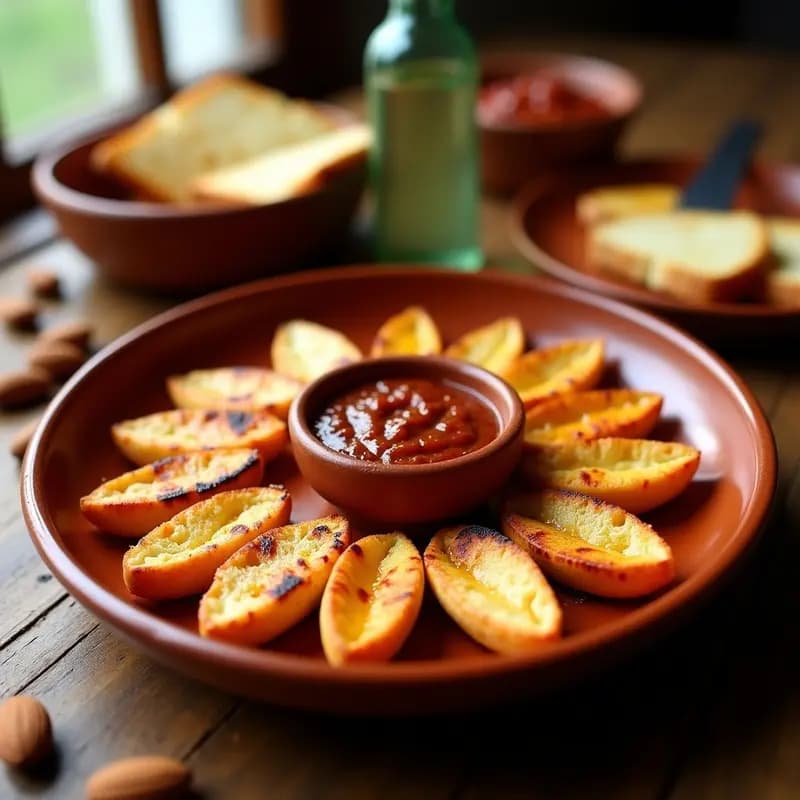 Fuente rústica de barro con calcots asados dispuestos en círculo, acompañados de un bol de salsa romesco espesa y oscura. Los calcots están dorados y ligeramente carbonizados, con la salsa romesco de textura granular y color rojo oscuro. Al fondo, pan tostado y almendras para decorar.