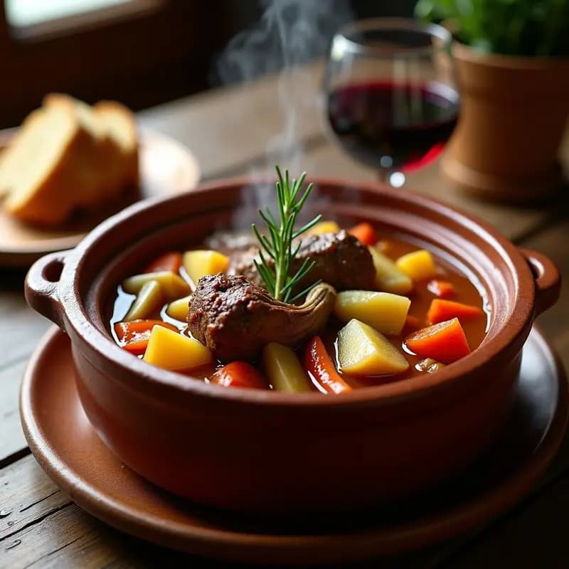Olla de barro humeante con caldereta de cordero y alcachofas aragonesa, costillas tiernas, alcachofas doradas y patatas en salsa espesa, sobre fondo rústico de madera con pan fresco.