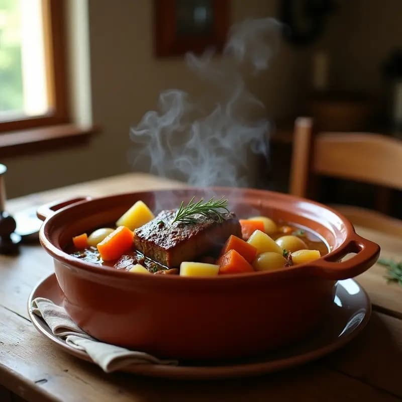 Cazuela de barro humeante con caldereta de cordero aragonesa, costillas tiernas, patatas enteras y zanahorias en rodajas, bañadas en un caldo espeso y dorado con hierbas aromáticas.