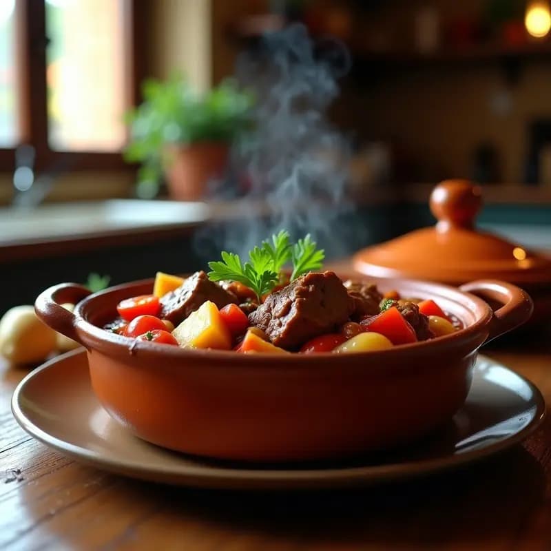 Cazuela de barro humeante con caldereta de cordero al chilindrón, trozos tiernos de carne, pimientos asados, tomate y patatas, decorada con perejil fresco sobre fondo rústico de madera.
