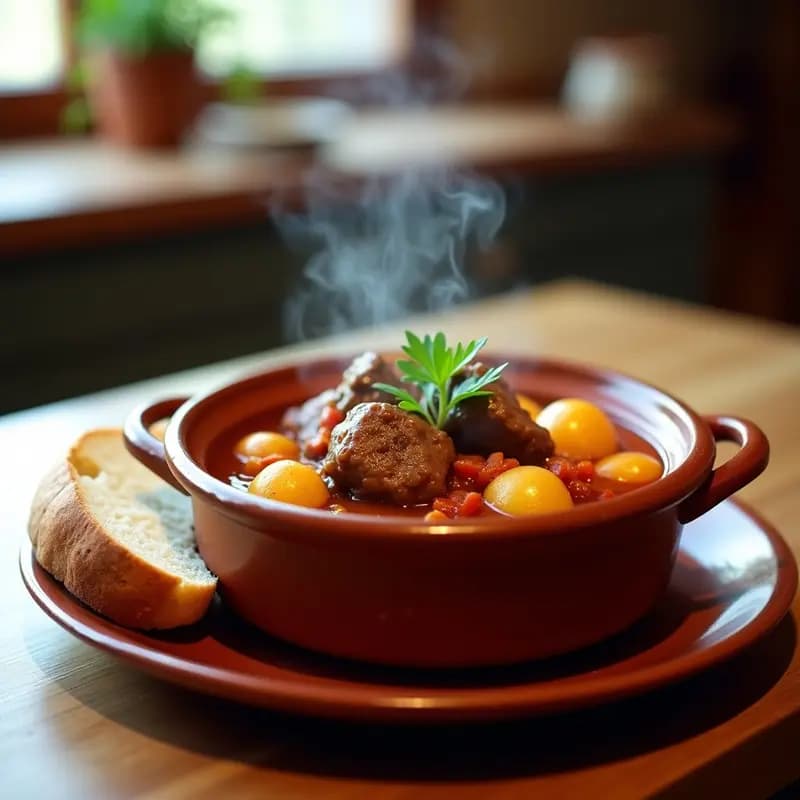 Olla de barro humeante con caldereta de cordero al chilindrón aragonesa, trozos tiernos de cordero, patatas panaderas doradas y salsa espesa de tomate y pimentón. Acompañada de pan rústico y decorada con perejil fresco.