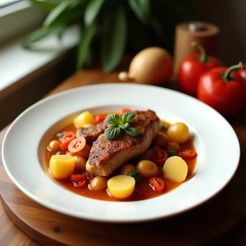 Olla de barro humeante con caldereta de cordero extremeña, trozos tiernos de cordero, patatas doradas y tiras de pimientos rojos asados, servida en plato hondo rústico con pan al lado.