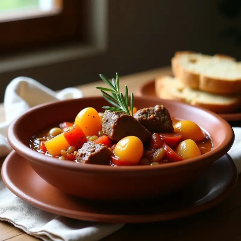 Caldereta aragonesa de cordero en olla lenta, con trozos tiernos de carne, patatas doradas y salsa espesa de tomate, servida en cuenco de barro rústico sobre mesa de madera.