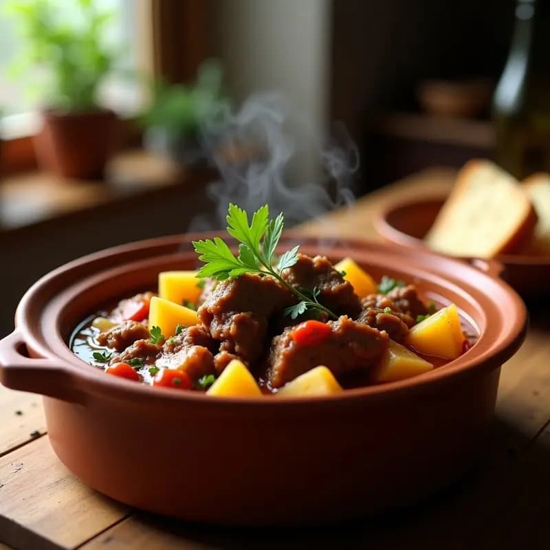Cazuela de barro humeante con caldereta de cordero a la riojana, trozos de cordero tierno, patatas doradas y salsa espesa de pimientos choriceros, servida sobre mesa de madera rústica.