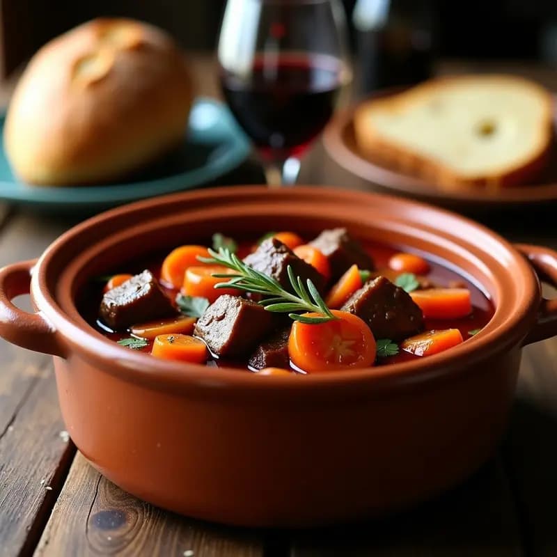 Olla de barro humeante con caldereta de cordero al vino tinto extremeña, trozos tiernos de carne bañados en salsa oscura y espesa, acompañados de zanahorias y cebollas. Plato tradicional español en ambiente rústico.