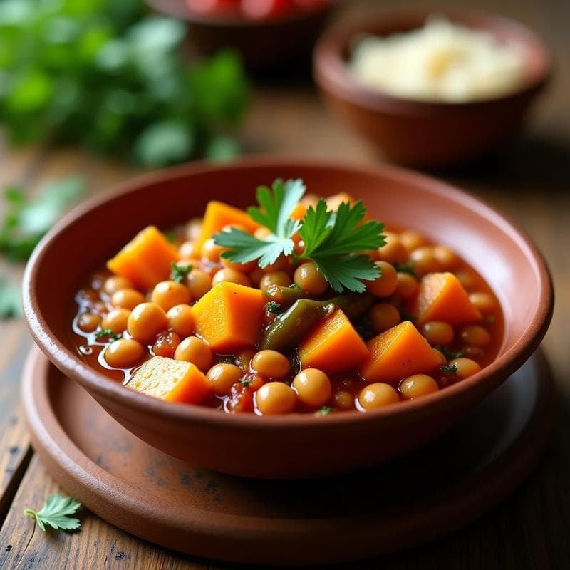 Plato hondo de barro con caldero de garbanzos y ñame en trozos, bañado en un sofrito de pimientos verdes, cebolla y especias, decorado con cilantro fresco picado. Receta dominicana en Thermomix sin lactosa.