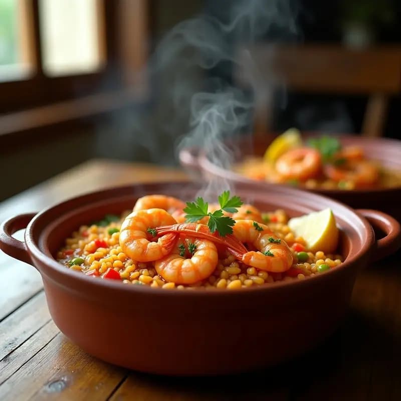 Cazuela de barro humeante con caldero de langostinos y arroz, langostinos rosados sobre un lecho de arroz meloso, pimientos y tomate troceados, decorado con perejil fresco y gajos de limón, receta tradicional mediterránea.