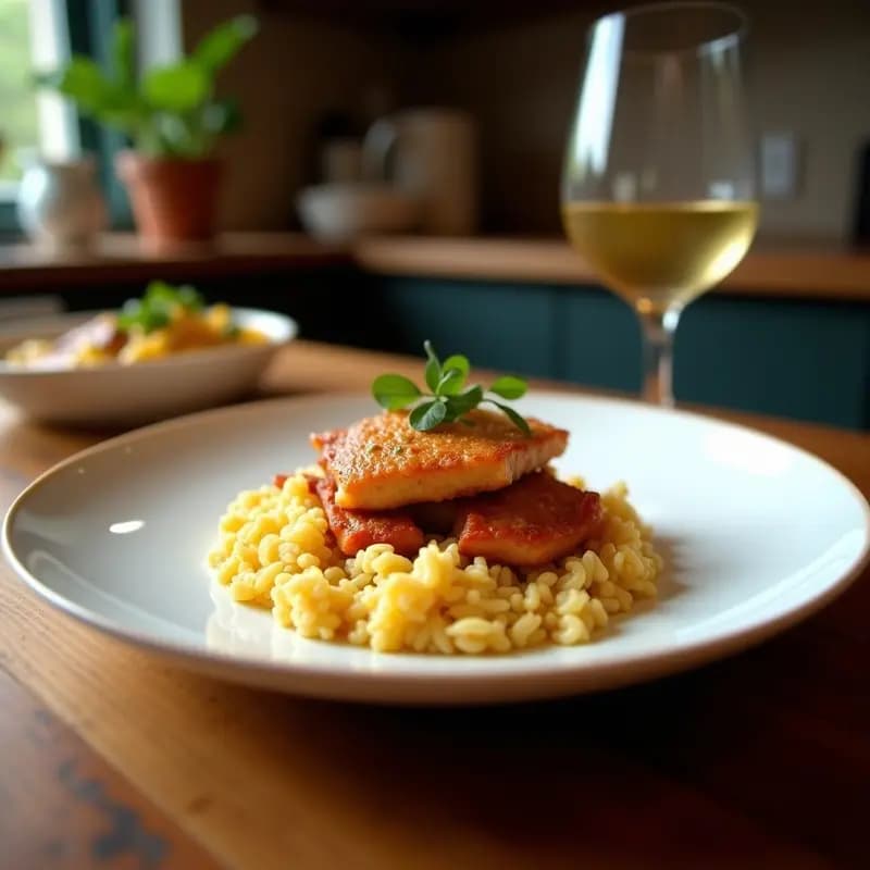 Cazuela de barro humeante con caldero murciano: arroz amarillo intenso coronado por trozos dorados de merluza, calamares y boquerones fritos, decorado con gajos de limón y perejil fresco. Receta costera sin lactosa.