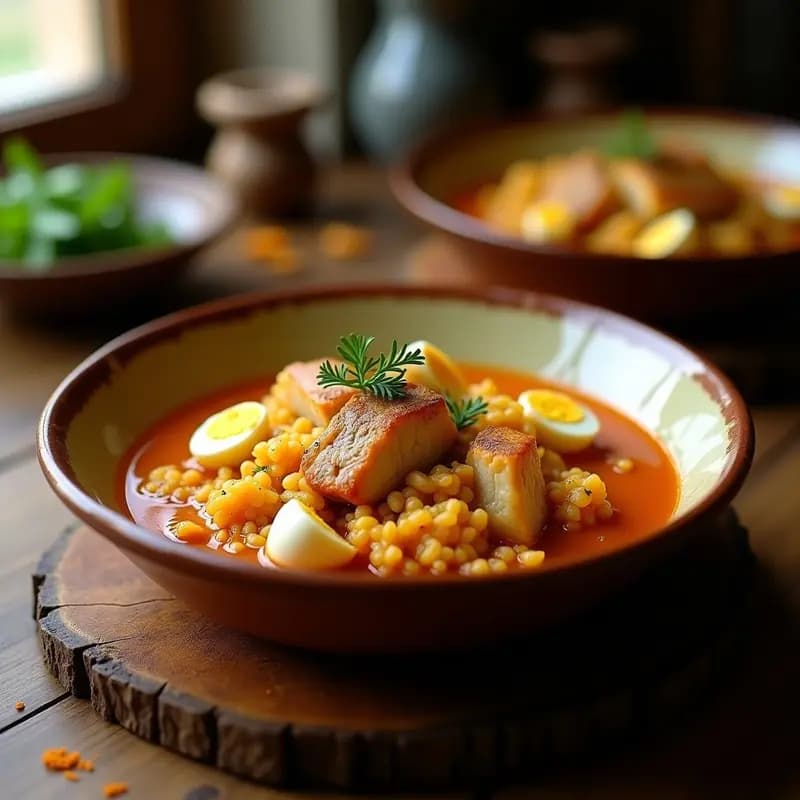Cazuela de barro humeante con Caldero Murciano: guiso de pescado con arroz, ñora y azafrán, servido en un plato rústico con rodaja de limón.