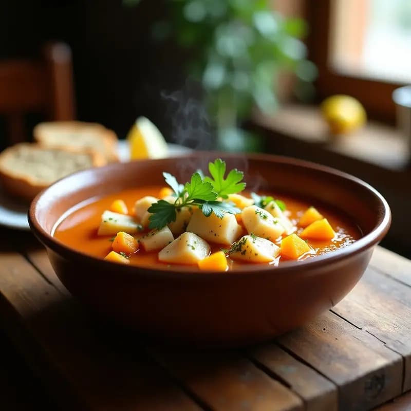 Plato hondo de barro con caldillo de congio y calabaza, filetes de pescado blanco en trozos, cubos de calabaza dorada, cebolla morada y perejil fresco. Receta chilena reconfortante y alta en omega-3.