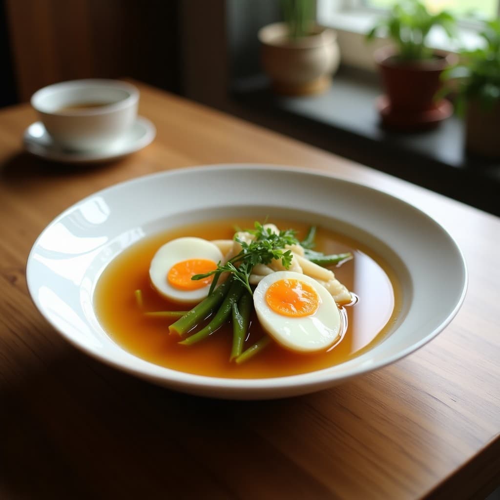 Cuenco hondo de cerámica blanca con caldo de clara de huevo y jengibre, hilos sedosos de clara flotando entre espárragos trigueros, champiñones shiitake y brotes de soja. Decorado con cebollino picado y un hilo de aceite de sésamo. Receta china keto y alta en proteína.