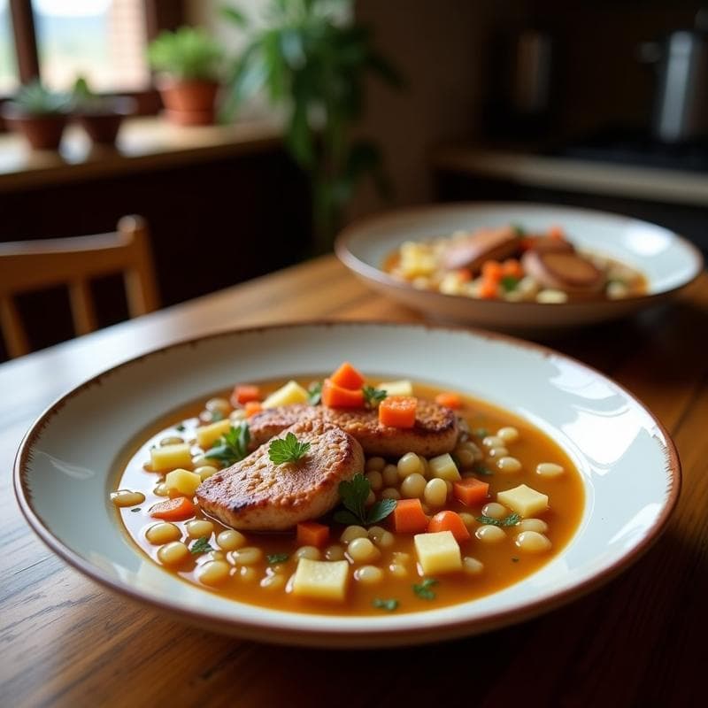 Plato hondo de barro con caldo de costilla de bisonte y raíces andinas, servido en olla exprés. Trozos de costilla de ternera dorada, zanahoria, papa y apio flotando en un caldo dorado y espeso. Acompañado de una cuchara de madera y hierbas frescas al lado.