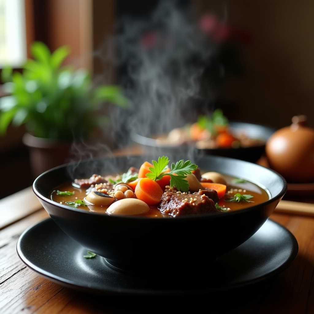 Tazón de cerámica negra humeante con caldo de costillas de res y hongo reishi, trozos de carne deshuesada, setas shiitake y zanahorias, decorado con un hilo de aceite de sésamo y ramitas de cilantro fresco sobre fondo de madera oscura.