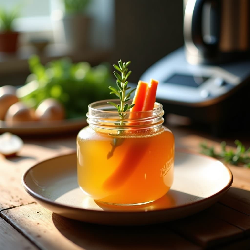 Vaso transparente con caldo de huesos gourmet dorado y espeso, servido con hierbas frescas y rodajas de zanahoria, receta Thermomix con gelatina natural.