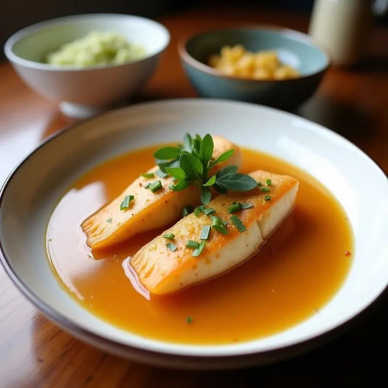 Cuenco hondo japonés con caldo de pescado y miso, algas wakame verdes, tofu en cubos y filetes de merluza, decorado con cebollino y semillas de sésamo. Receta de caldo japonés reconfortante.