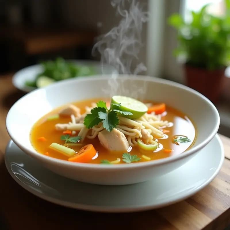 Bowl hondo blanco con caldo de pollito y vegetales al microondas, trozos de pechuga desmenuzada, zanahoria, apio y fideos finos, decorado con cilantro fresco y una rodaja de limón.