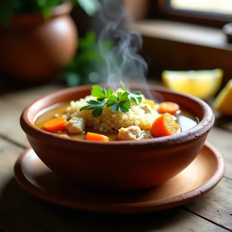 Tazón hondo de barro con caldo de pollo andino espeso, quinua esponjosa, trozos de pollo, zanahoria y cilantro fresco, acompañado de gajos de limón sobre mesa de madera rústica.