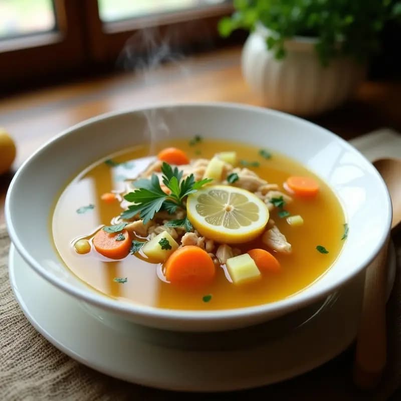 Bol grande de cerámica blanca con caldo de pollo dorado, rodajas de jengibre y hierbas frescas, humeante y reconfortante, receta antiinflamatoria.