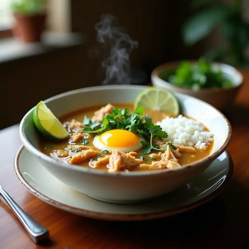 Plato hondo de cerámica blanca con caldo de pollo peruano humeante, trozos de pollo desmenuzado, cilantro fresco picado y rodajas de limón, servido con arroz blanco y huevo pochado.