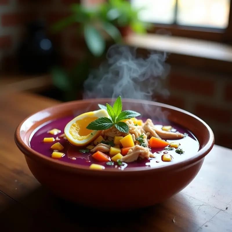 Cazuela de barro humeante con caldo de gallina criolla, trozos de pollo dorado, granos de maíz morado, zanahoria, papa y hierbabuena fresca. Plato tradicional peruano reconfortante en olla lenta.
