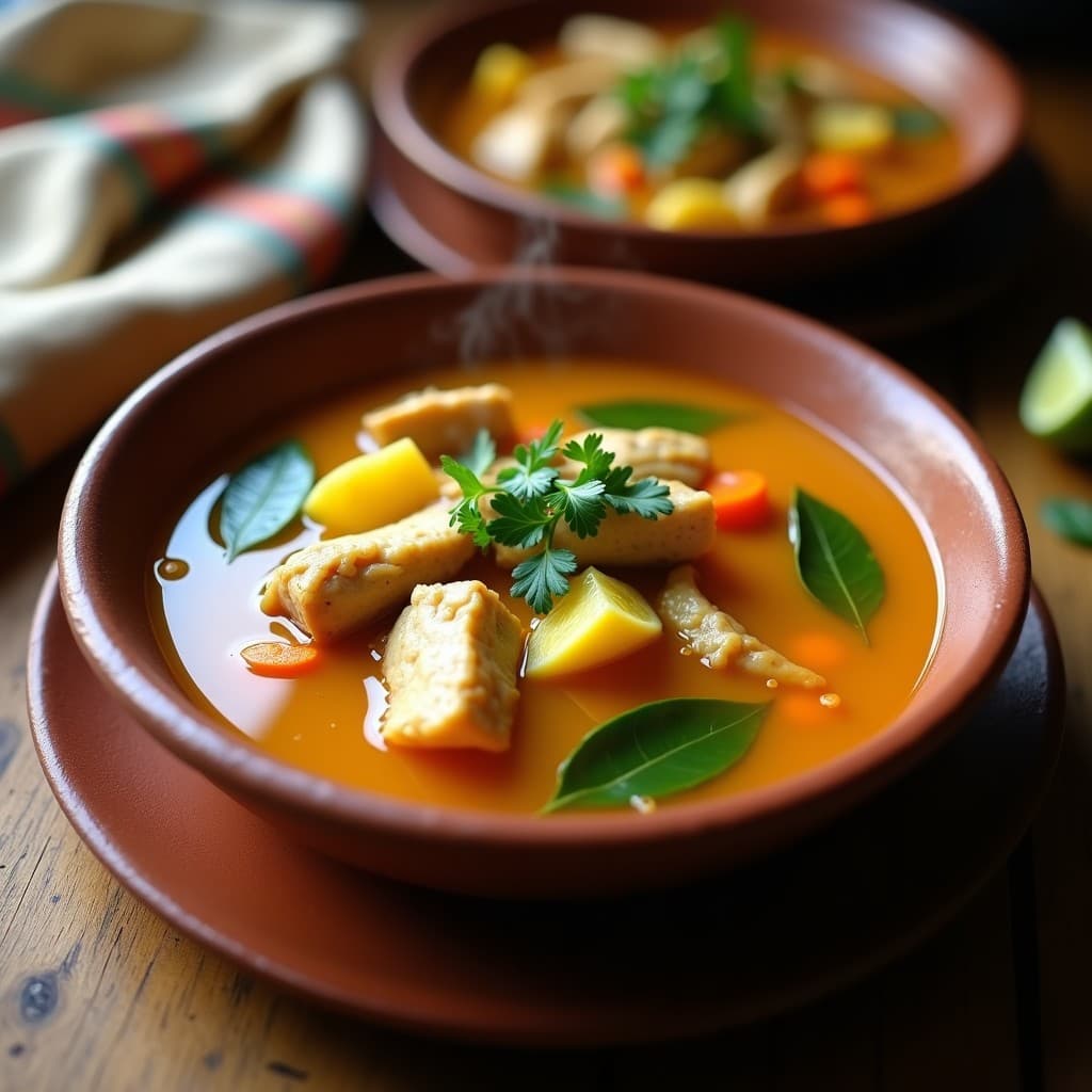 Plato hondo de barro con caldo de gallina criolla dorada, trozos de yuca amarilla, zanahoria y hierbabuena fresca, servido humeante con un toque de limón al lado. Receta colombiana reconstitutiva en olla express.