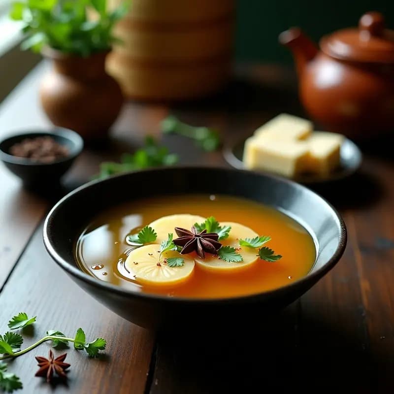 Cuenco hondo de cerámica blanca con caldo de huesos de cordero transparente y dorado, trozos de raíz de loto en rodajas, zanahoria y apio. Plato tradicional chino keto y antiinflamatorio, servido humeante sobre una mesa rústica de madera.