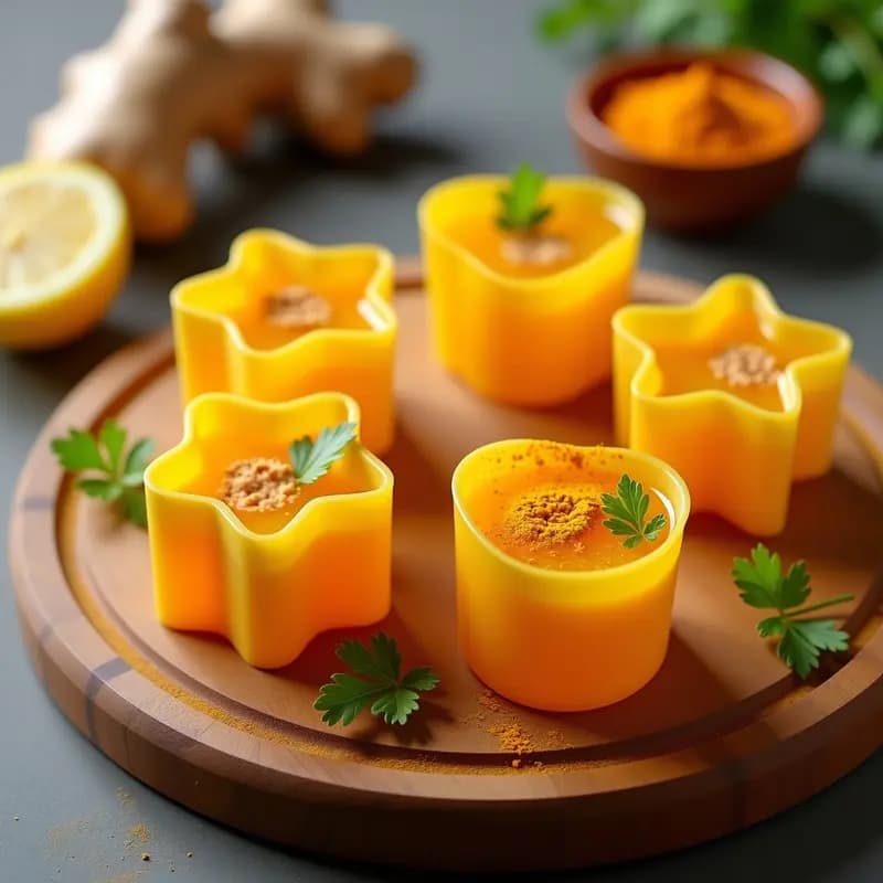Vasitos de hielo transparentes con caldo de huesos dorado, trozos de jengibre y cúrcuma suspendidos, servidos en un vaso pequeño con agua caliente y rodaja de limón. Receta de shot detox y antiinflamatorio de caldo de huesos con jengibre y cúrcuma en vasitos de hielo.