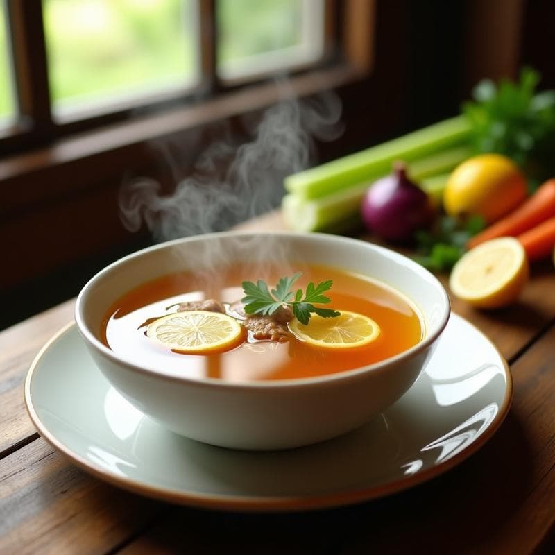 Tazón de barro humeante con caldo de huesos de vaca dorado, trozos de zanahoria y apio, rodajas de limón y perejil fresco. Receta de caldo depurativo en olla express sobre fondo rústico de madera.
