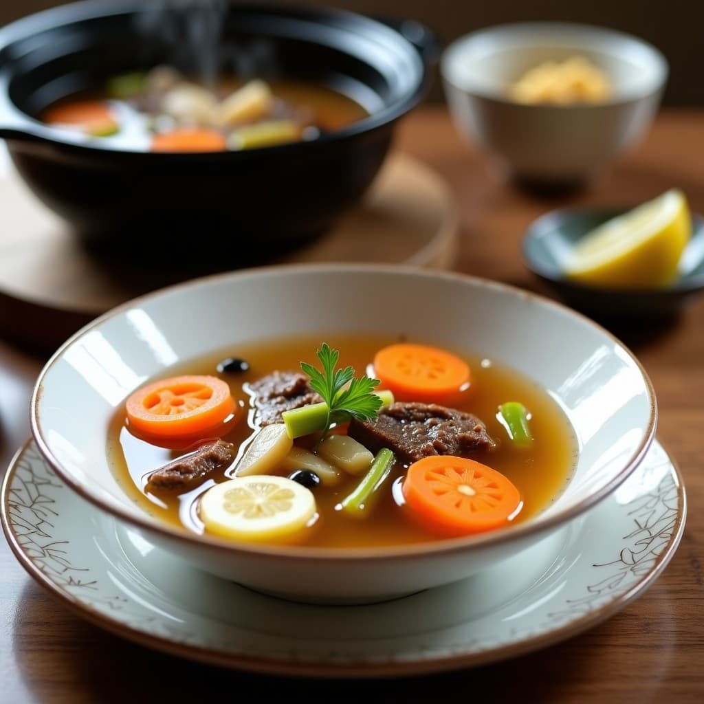 Tazón hondo de cerámica blanca con caldo de huesos de res transparente y dorado, rodajas de raíz de loto, zanahoria y trozos de apio. Al fondo, olla lenta con más caldo humeante. Receta china para articulaciones.