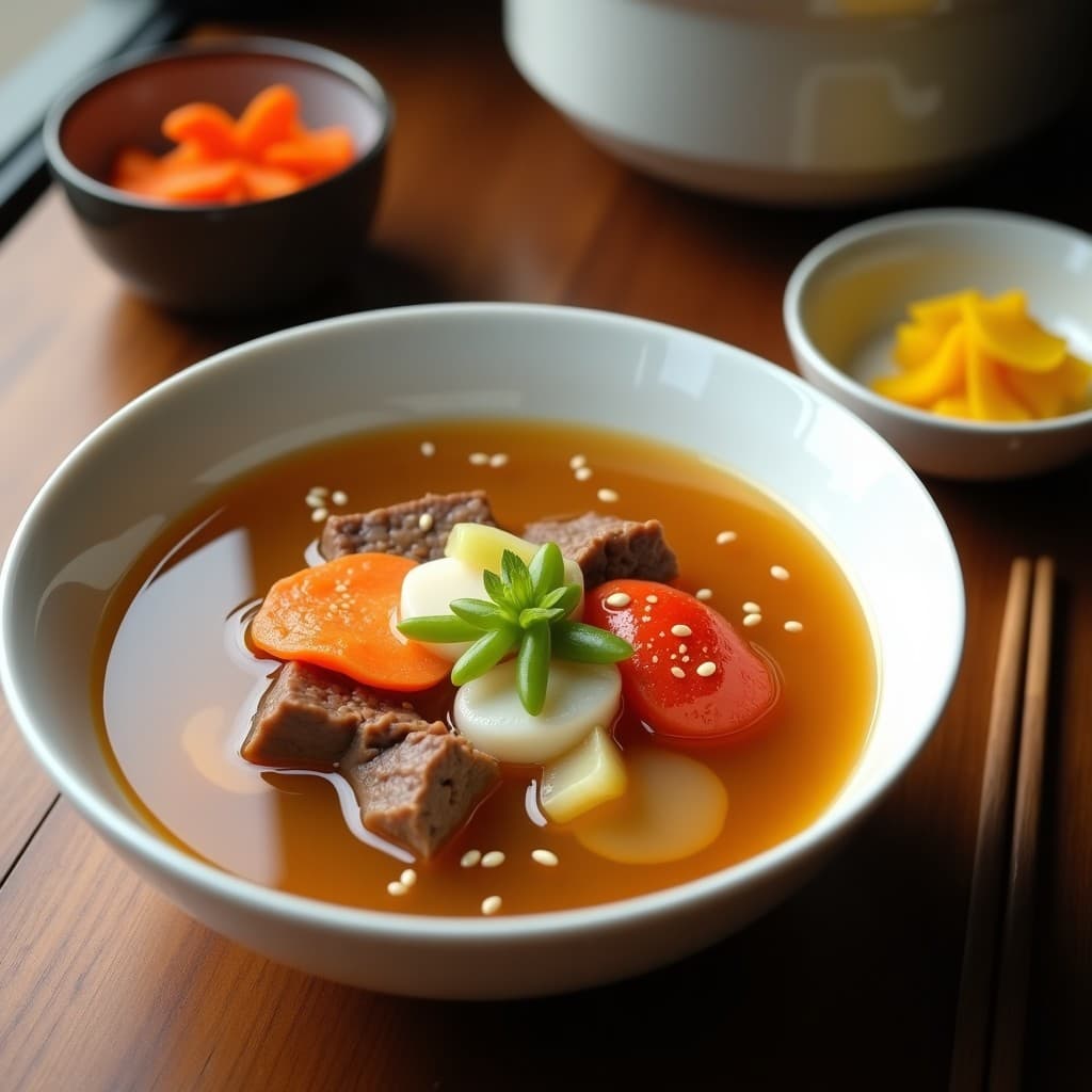 Olla lenta con caldo de huesos de res dorado y transparente, servido en un bol de cerámica blanca con trozos de kimchi, zanahoria, apio y semillas de sésamo espolvoreadas. Receta coreana reconfortante y alta en colágeno.