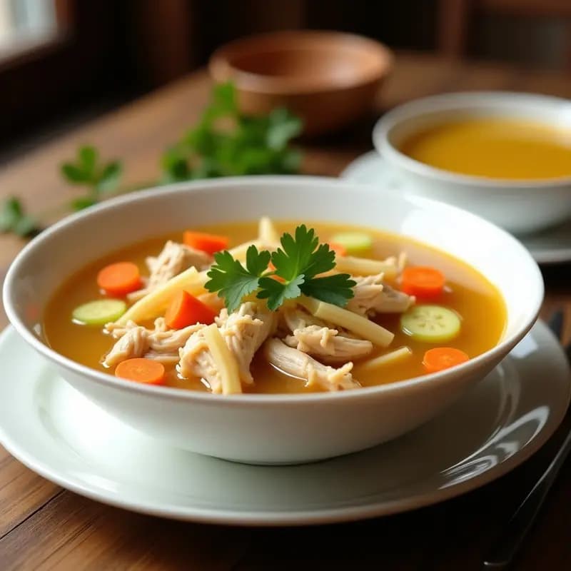Plato hondo blanco con caldo de pollo transparente, trozos de pechuga desmenuzada, fideos finos, zanahoria y apio. Perejil fresco espolvoreado y un chorrito de aceite de oliva reluciente. Receta casera para aliviar el resfriado.