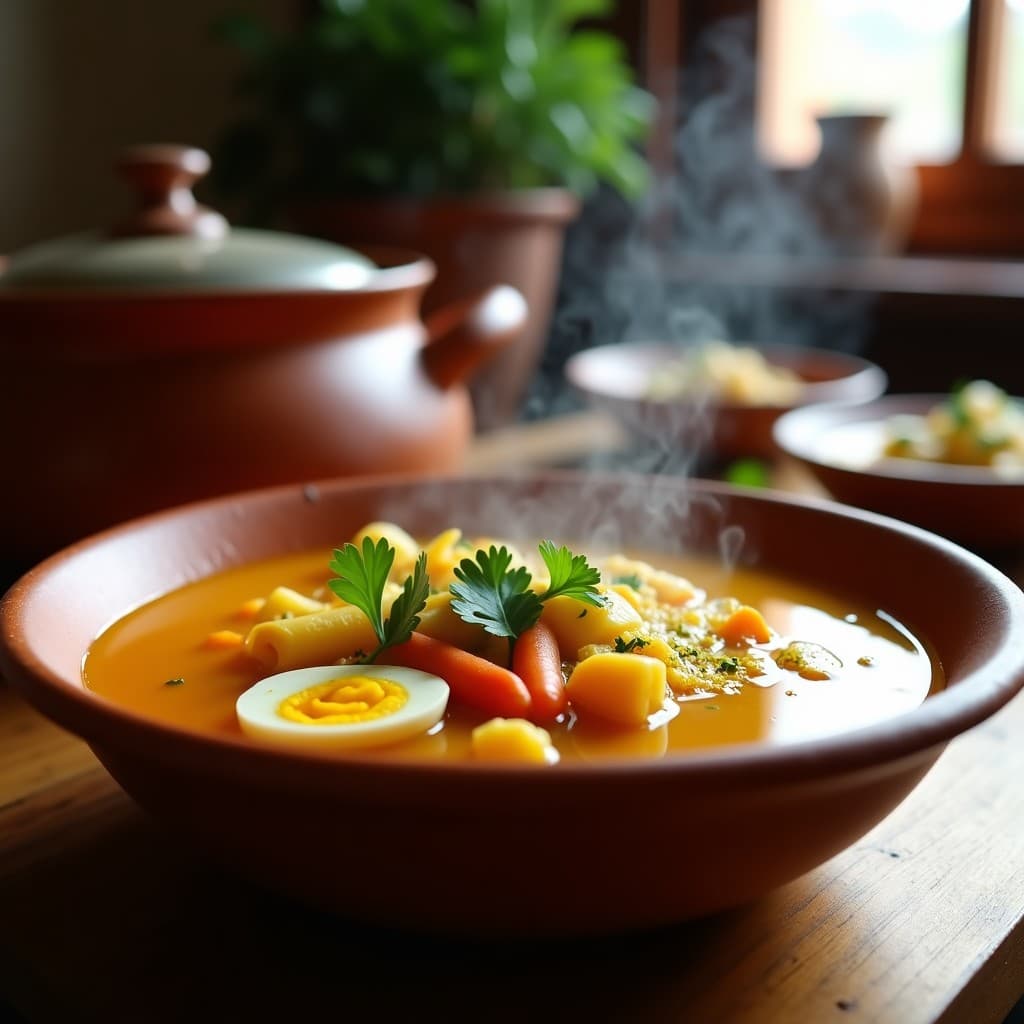 Olla exprés abierta mostrando un caldo dorado y espeso de pollo con trozos de yuca, zanahoria y hierbas amazónicas flotando. Plato servido en un bowl de barro con huevo duro y cilantro fresco, receta peruana reconfortante.