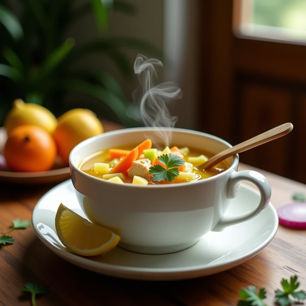 Taza de cerámica blanca humeante con caldo de pollo dorado, trozos de pechuga, zanahoria, apio y cilantro limonero, sobre fondo rústico de madera. Receta peruana de caldo de pollo con jengibre y cúrcuma para resfriados.