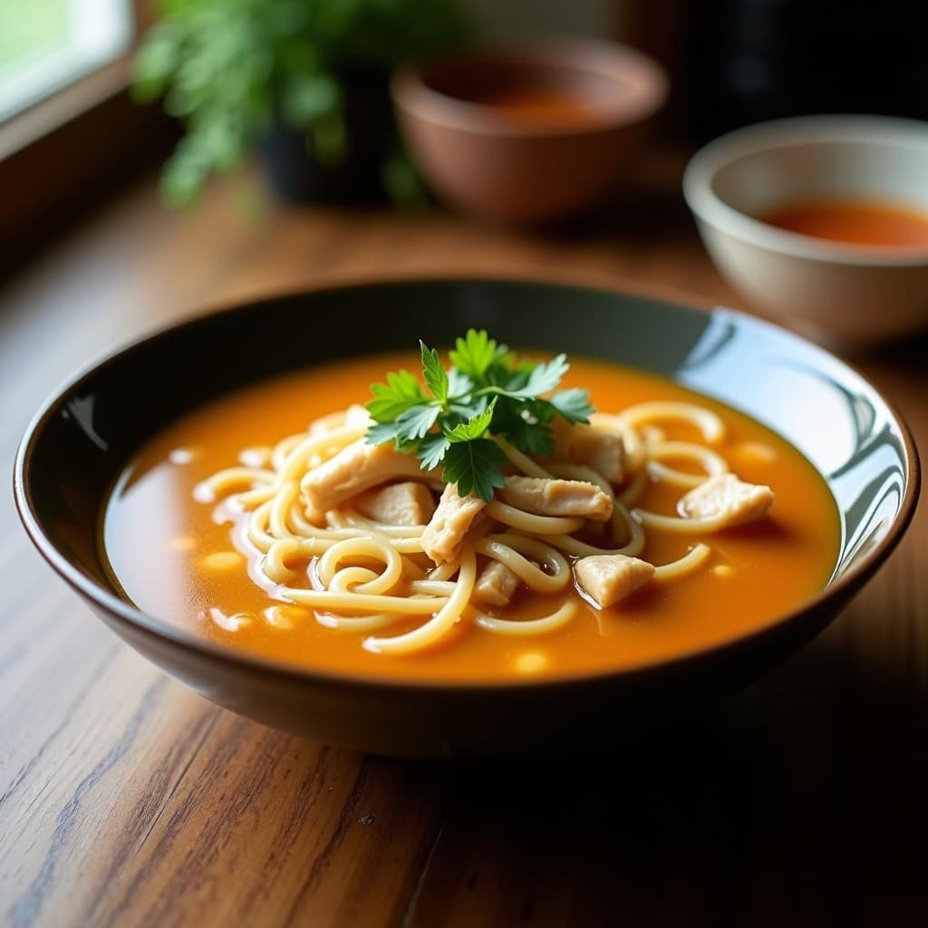 Cuenco de cerámica blanca con caldo de pollo y jengibre humeante, fideos de konjac translúcidos, trozos de pollo, hongos shiitake y cebollino picado. Plato de receta china baja en carbohidratos sobre mesa de madera.