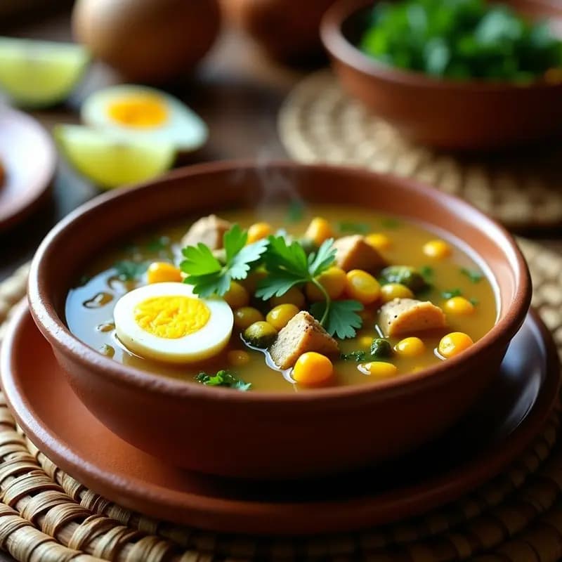 Plato hondo de barro con caldo tlalcualco espeso, piezas de pollo dorado, zapallo, papa, elote y huevo duro, decorado con cilantro fresco y rodajas de limón.