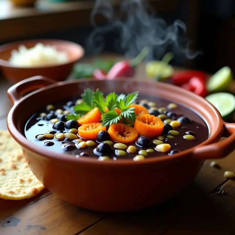 Cazuela de barro humeante con Caldo Tláloc de Huitlacoche y Maíz, sopa mexicana tradicional de color oscuro con trozos de huitlacoche, flor de calabaza y granos de maíz azul, decorada con semillas de calabaza y hojas de epazote.