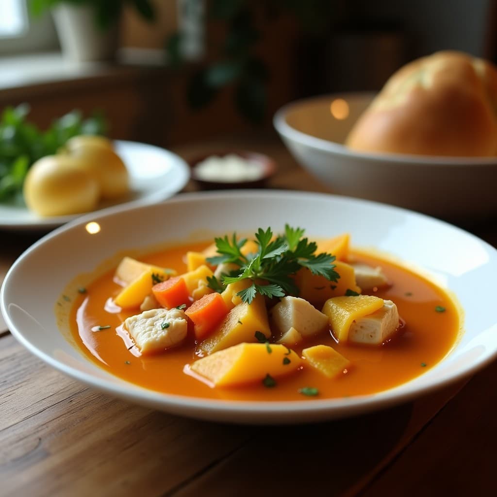 Olla de barro humeante con Caldo TLЧ colombiano, mostrando trozos de pollo dorado, maíz, papa criolla, zanahoria y huevos de codorniz en un caldo amarillo dorado. Decorado con cilantro fresco y rodajas de limón al lado.