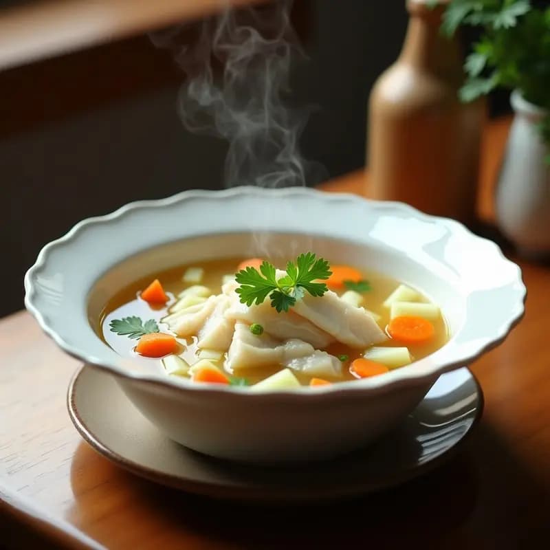Cuenco hondo de cerámica blanca con caldo de verduras transparente, filetes de merluza cocidos, zanahoria, apio y puerro en trozos, decorado con perejil fresco. Receta de caldo de verduras con pescado rápida y saludable.
