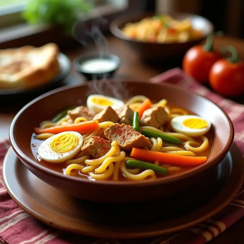 Plato hondo de barro con callingos a la madrileña, guiso espeso de fideos finos, trozos de pollo, zanahoria, puerro y huevo duro picado por encima, servido con cuchara de madera sobre fondo rústico de cocina tradicional.