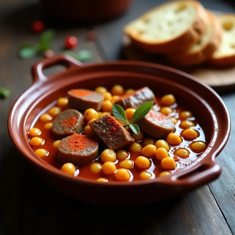 Fuente de barro con callos a la gallega al horno, garbanzos dorados, patatas tiernas y salsa espesa con pimentón, servidos en un plato rústico de cerámica oscura.