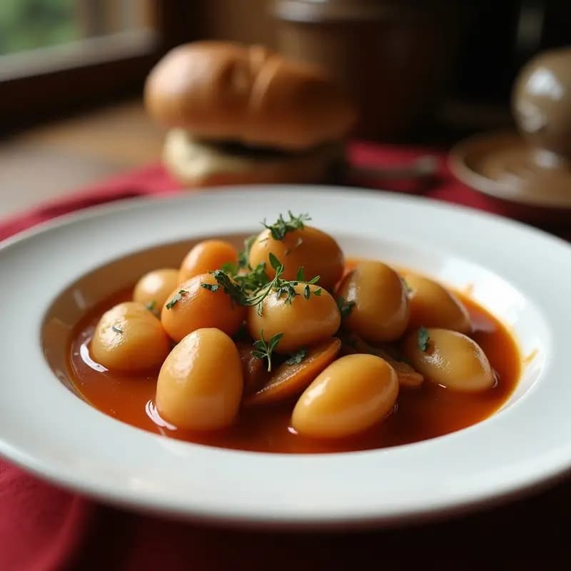 Olla de barro humeante con callos a la madrileña, garbanzos, trozos de chorizo y morcilla en un caldo espeso y oscuro, servido en un plato hondo de barro con pan al lado.
